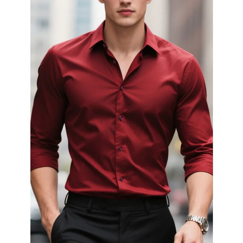 Men's Long Sleeve Button-Down Collar Shirt Red