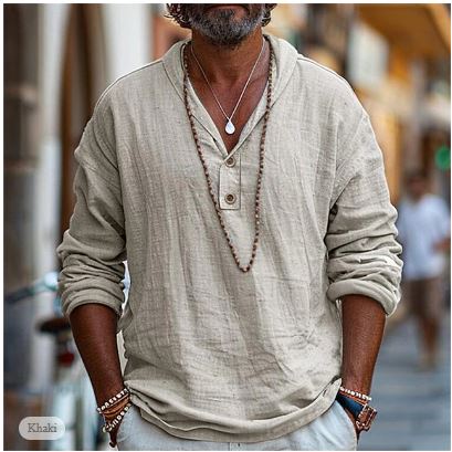 Men's Long Sleeve Linen Henley Shirt Brown