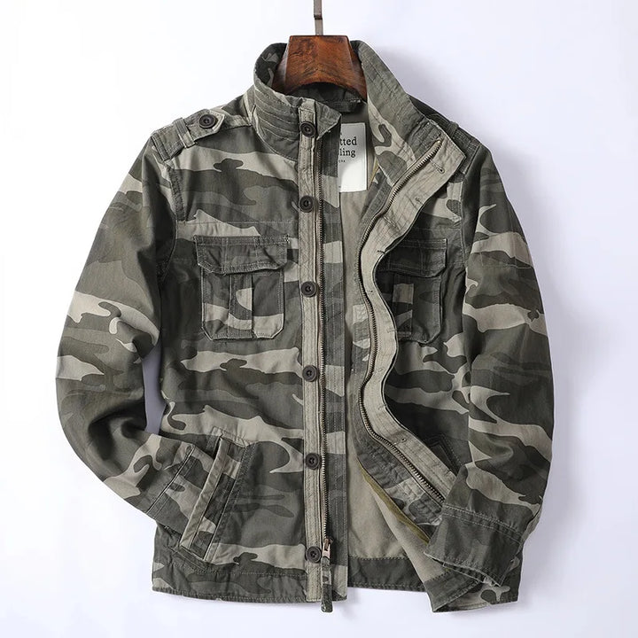 Men's Retro Denim Cargo Jacket Green Camo