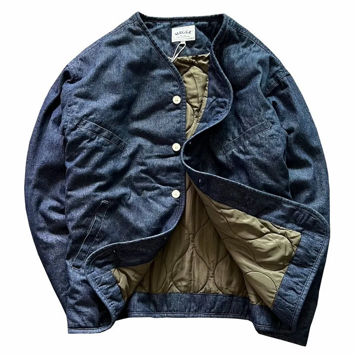 Men's Retro Thick Cotton Stand-Collar Jacket Blue