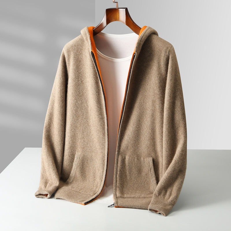 Men's Reversible Cashmere Hoodie - Napoli Style Khaki Orange