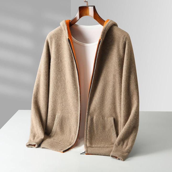 Men's Reversible Cashmere Hoodie - Napoli Style Khaki Orange