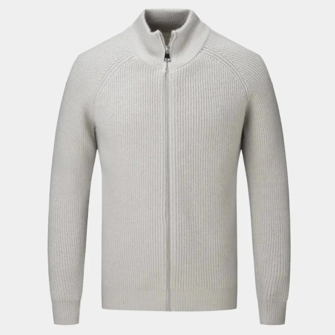 Men's Ribbed Zip Sweater - Stylish & Comfortable Milky White