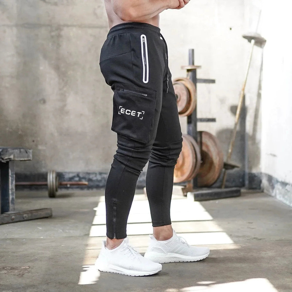 Men's Slim Fit Sporty Jogging Pants with Zippered Pockets Black