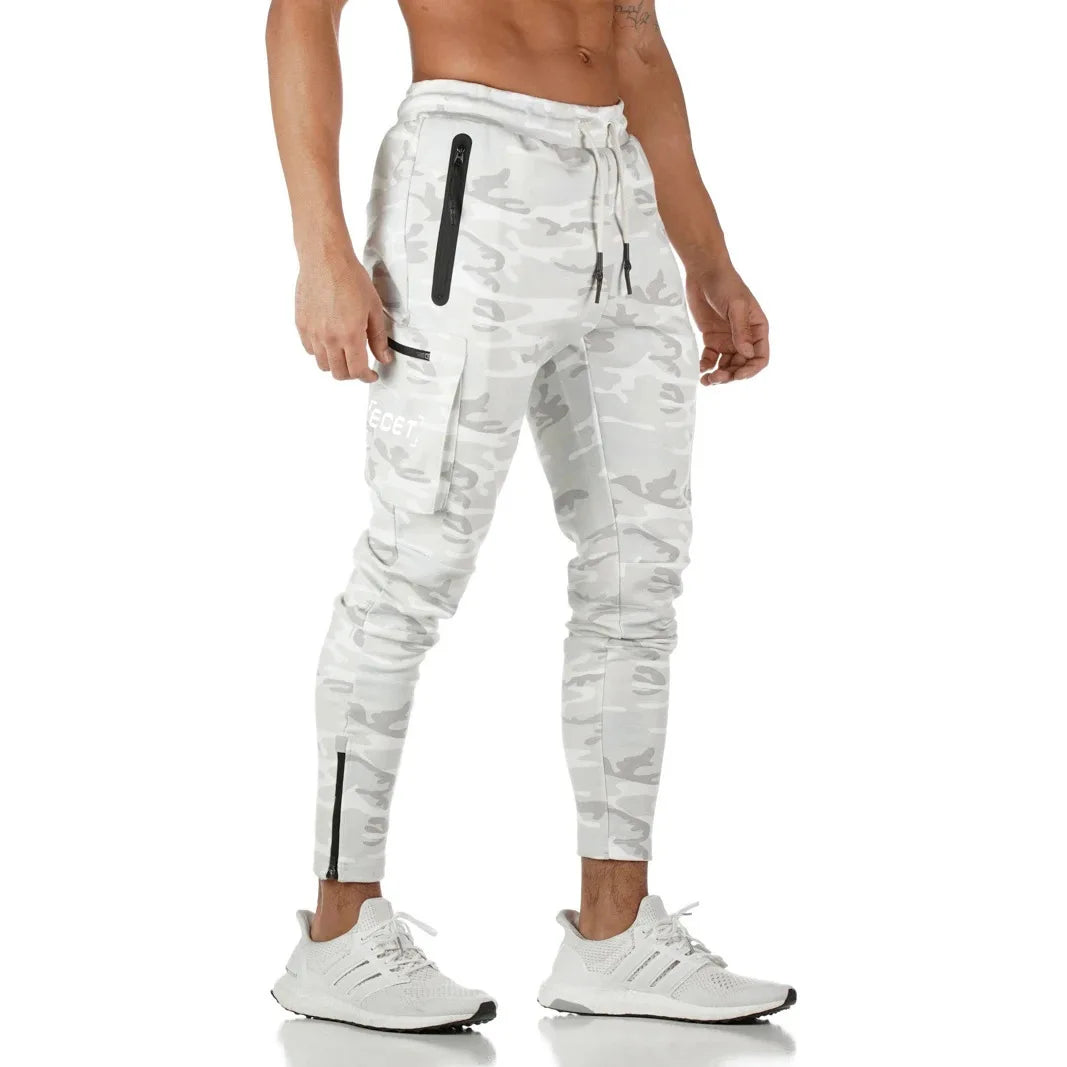 Men's Slim Fit Sporty Jogging Pants with Zippered Pockets White