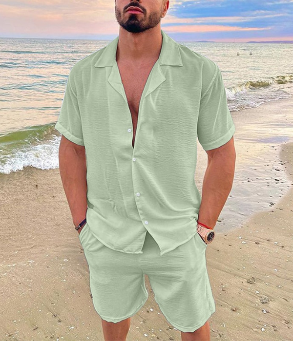 Completo estivo uomo in lino con camicia e pantaloncini due pezzi