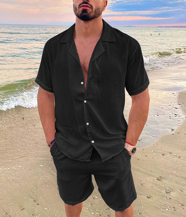 Completo estivo uomo in lino con camicia e pantaloncini due pezzi