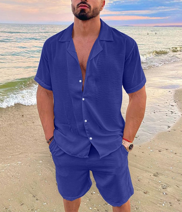 Completo estivo uomo in lino con camicia e pantaloncini due pezzi