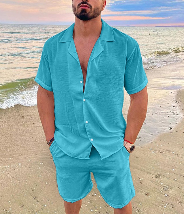 Completo estivo uomo in lino con camicia e pantaloncini due pezzi
