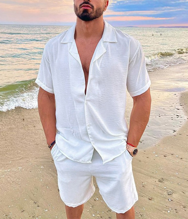 Completo estivo uomo in lino con camicia e pantaloncini due pezzi