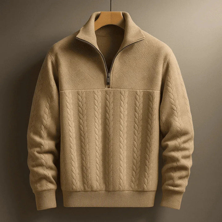 Men's Textured Cable Quarter-Zip Knit Sweater Khaki