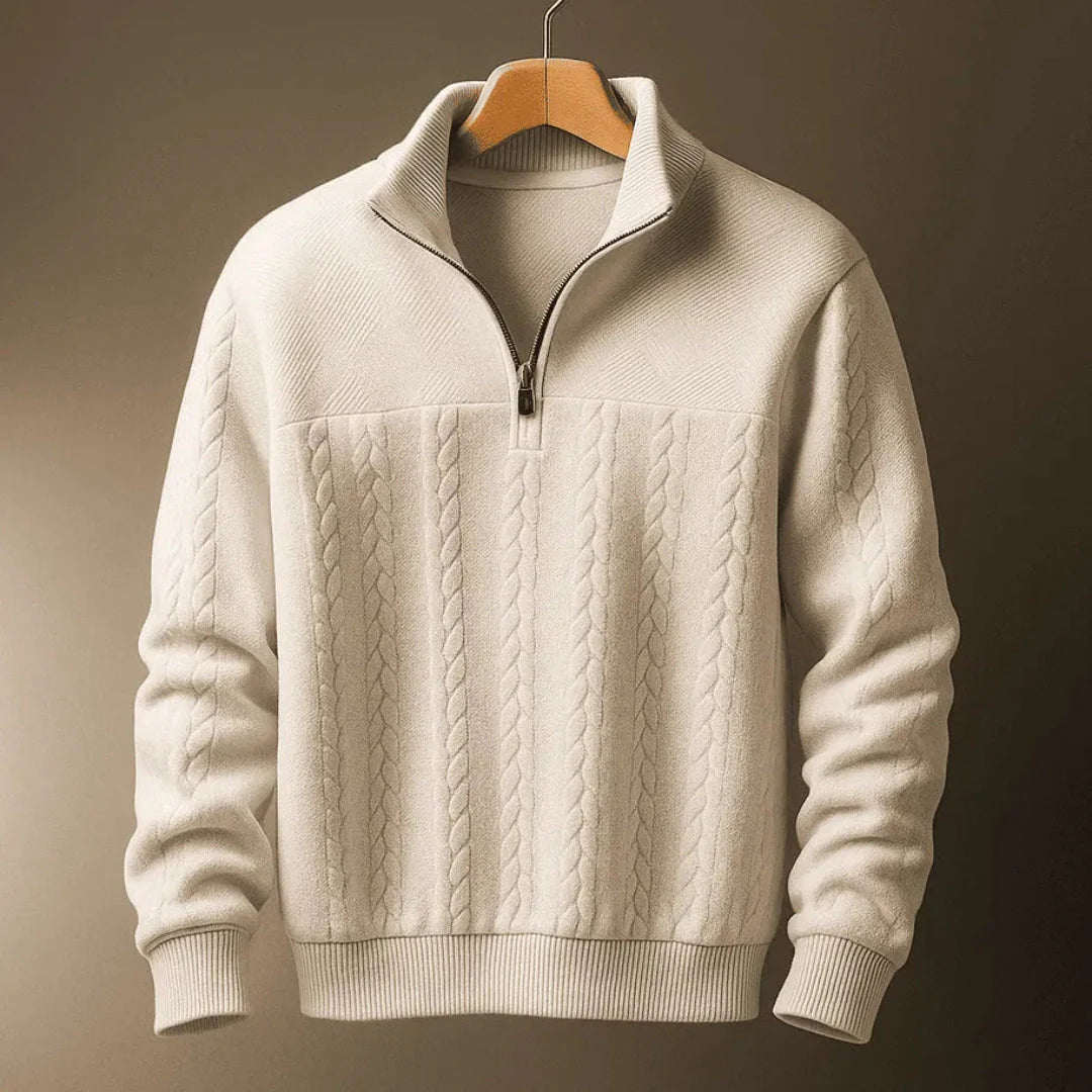 Men's Textured Cable Quarter-Zip Knit Sweater White