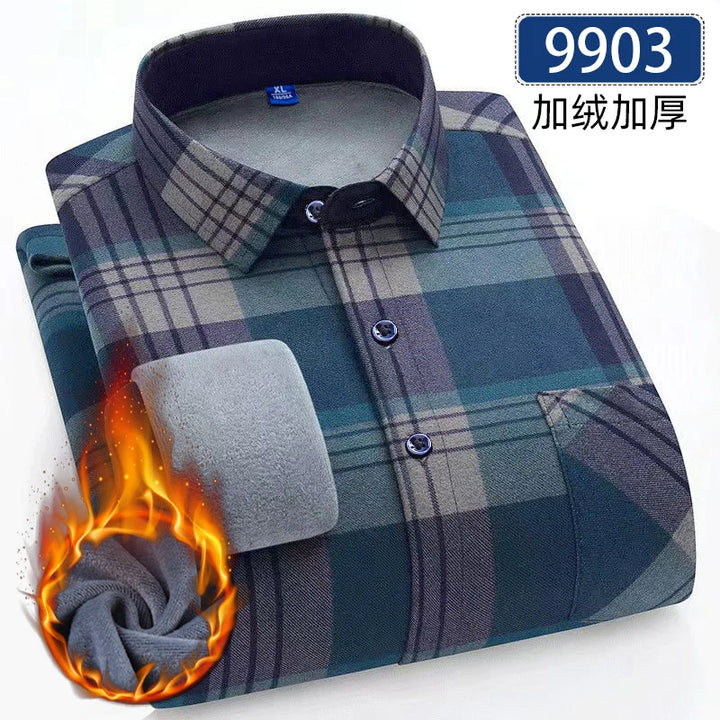 Men's Thick Fleece Long Sleeve Plaid Shirt for Autumn Winter Wear-MODAUTLET