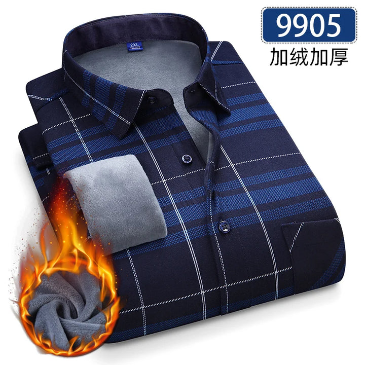 Men's Thick Fleece Long Sleeve Plaid Shirt for Autumn Winter Wear-MODAUTLET