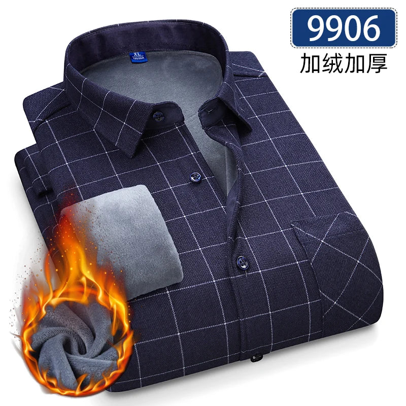 Men's Thick Fleece Long Sleeve Plaid Shirt for Autumn Winter Wear-MODAUTLET