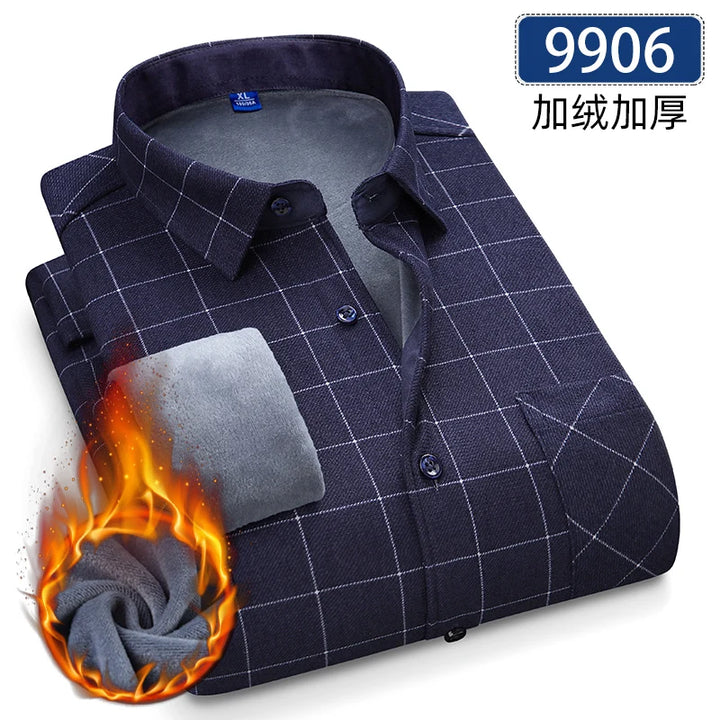 Men's Thick Fleece Long Sleeve Plaid Shirt for Autumn Winter Wear-MODAUTLET