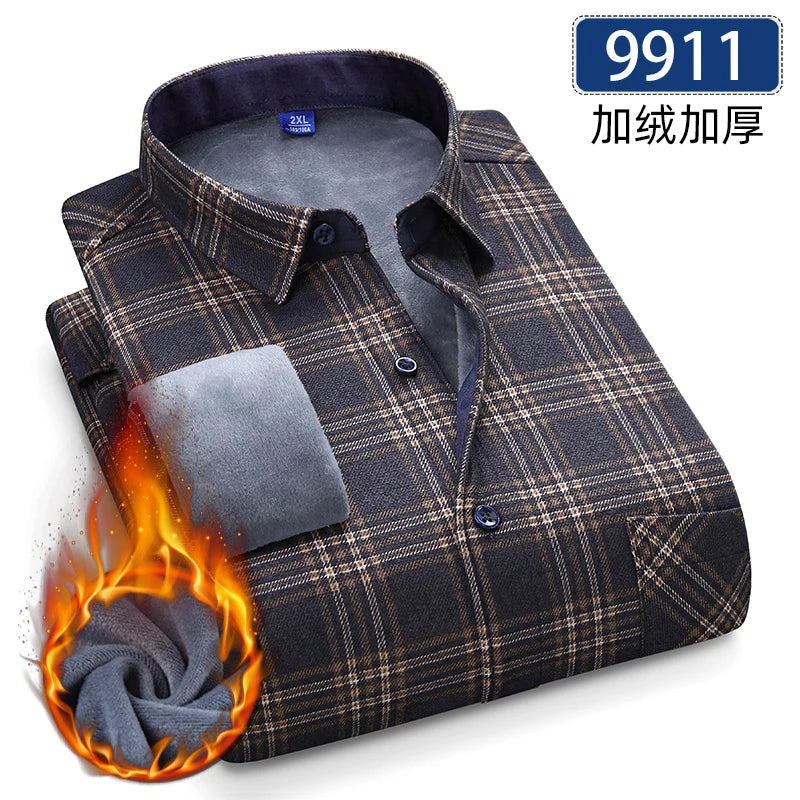 Men's Thick Fleece Long Sleeve Plaid Shirt for Autumn Winter Wear-MODAUTLET