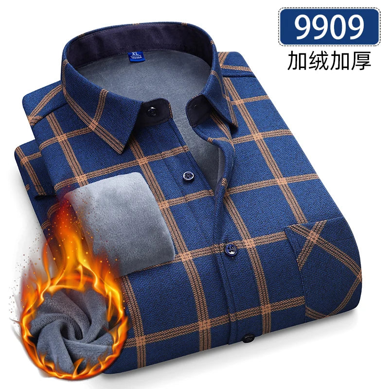 Men's Thick Fleece Long Sleeve Plaid Shirt for Autumn Winter Wear-MODAUTLET