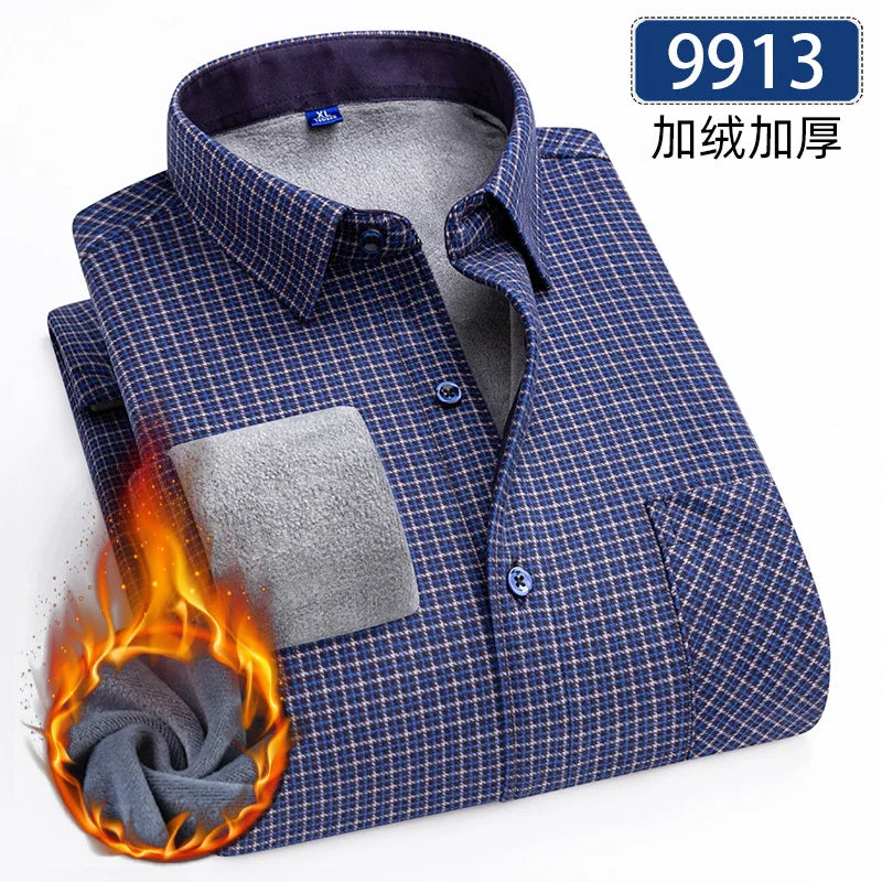 Men's Thick Fleece Long Sleeve Plaid Shirt for Autumn Winter Wear-MODAUTLET