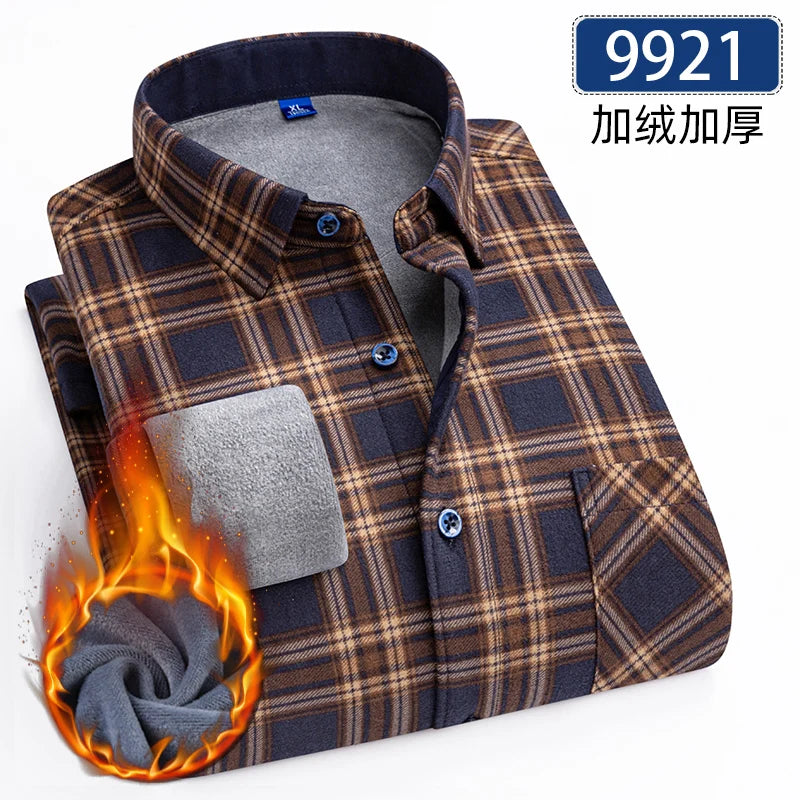 Men's Thick Fleece Long Sleeve Plaid Shirt for Autumn Winter Wear-MODAUTLET