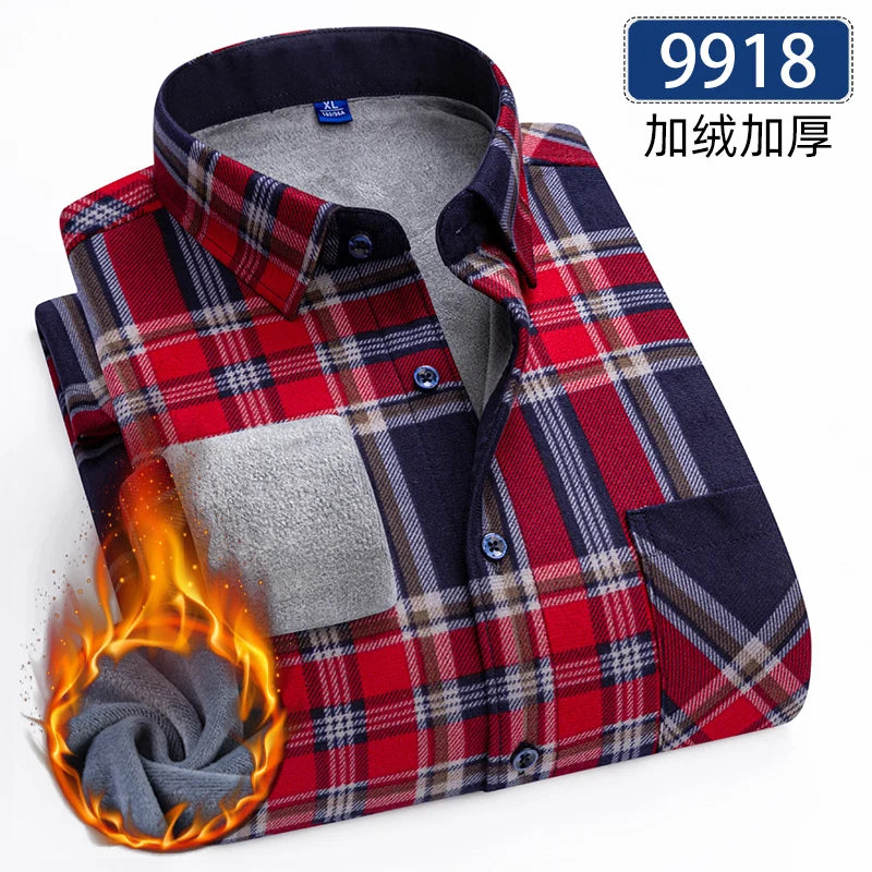 Men's Thick Fleece Long Sleeve Plaid Shirt for Autumn Winter Wear-MODAUTLET