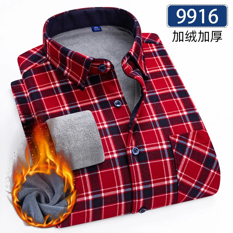 Men's Thick Fleece Long Sleeve Plaid Shirt for Autumn Winter Wear-MODAUTLET