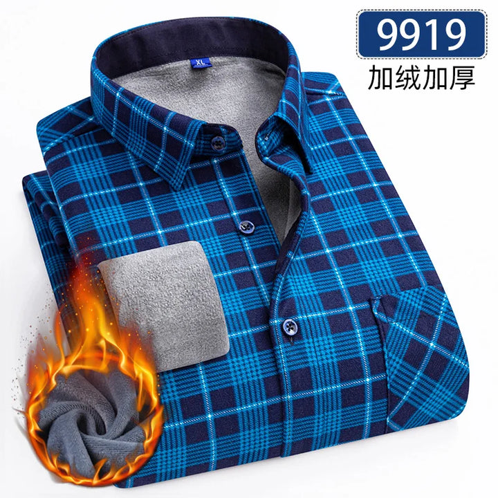 Men's Thick Fleece Long Sleeve Plaid Shirt for Autumn Winter Wear-MODAUTLET