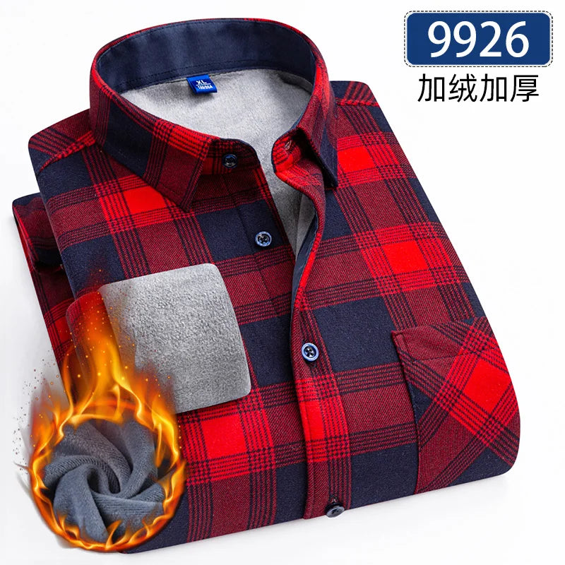 Men's Thick Fleece Long Sleeve Plaid Shirt for Autumn Winter Wear-MODAUTLET