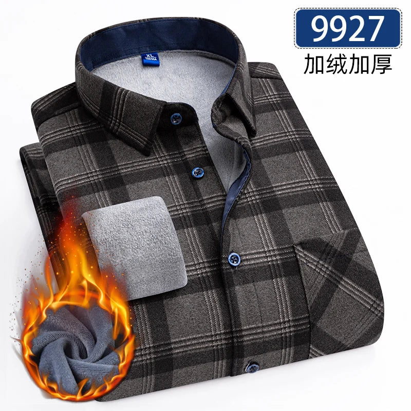 Men's Thick Fleece Long Sleeve Plaid Shirt for Autumn Winter Wear-MODAUTLET
