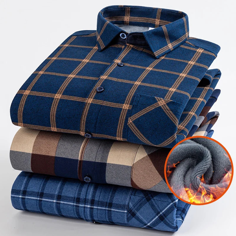 Men's Thick Fleece Long Sleeve Plaid Shirt for Autumn Winter Wear-MODAUTLET