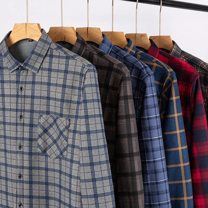 Men's Thick Fleece Long Sleeve Plaid Shirt for Autumn Winter Wear-MODAUTLET
