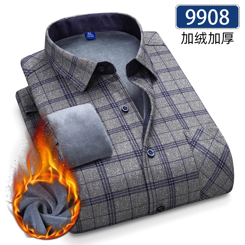 Men's Thick Fleece Long Sleeve Plaid Shirt for Autumn Winter Wear-MODAUTLET