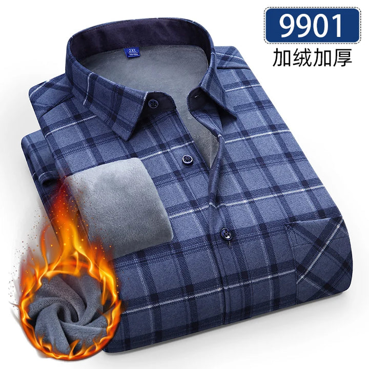 Men's Thick Fleece Long Sleeve Plaid Shirt for Autumn Winter Wear-MODAUTLET