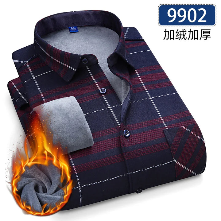 Men's Thick Fleece Long Sleeve Plaid Shirt for Autumn Winter Wear-MODAUTLET