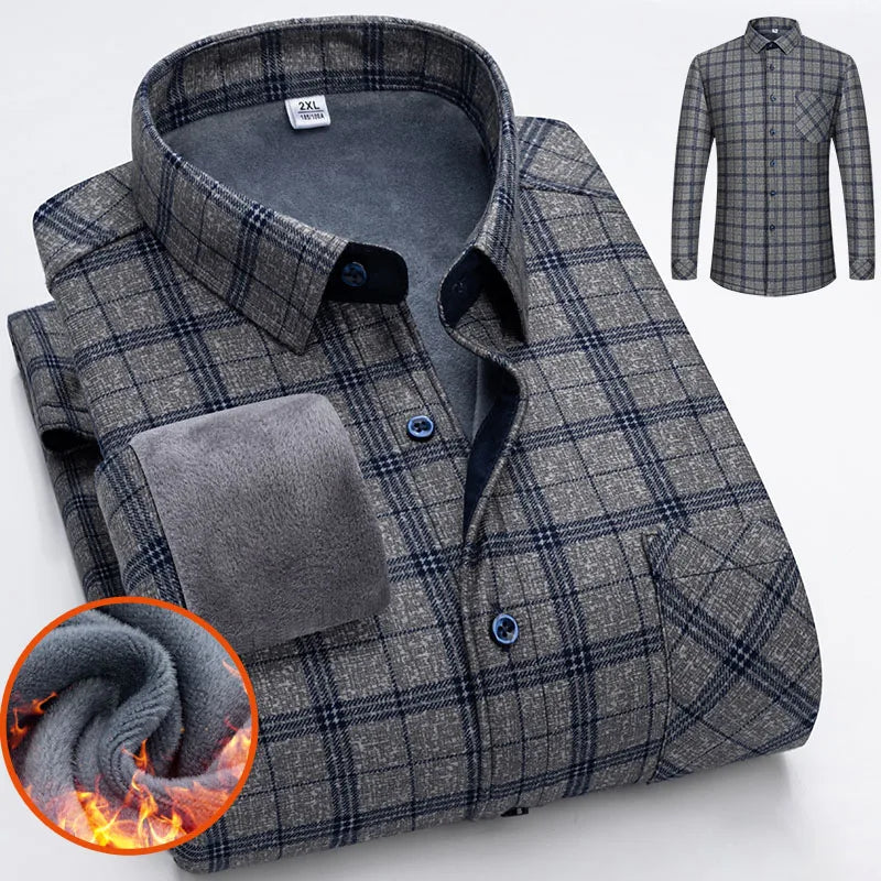 Men's Thick Fleece Long Sleeve Plaid Shirt for Autumn Winter Wear-MODAUTLET