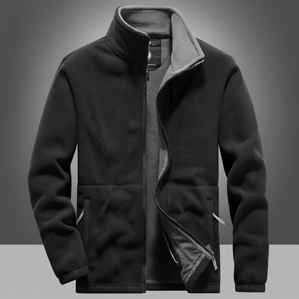 Men's Thick Fleece Winter Jacket - Double Pocket Hiking & Ski Outerwear Black