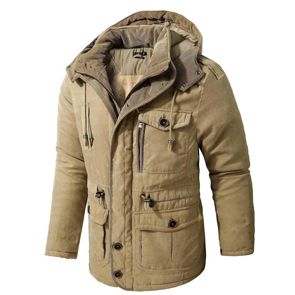 Men's Thickened Hooded Fleece-Lined Cotton Parka – Mid-Length Winter Coat with Multiple Pockets