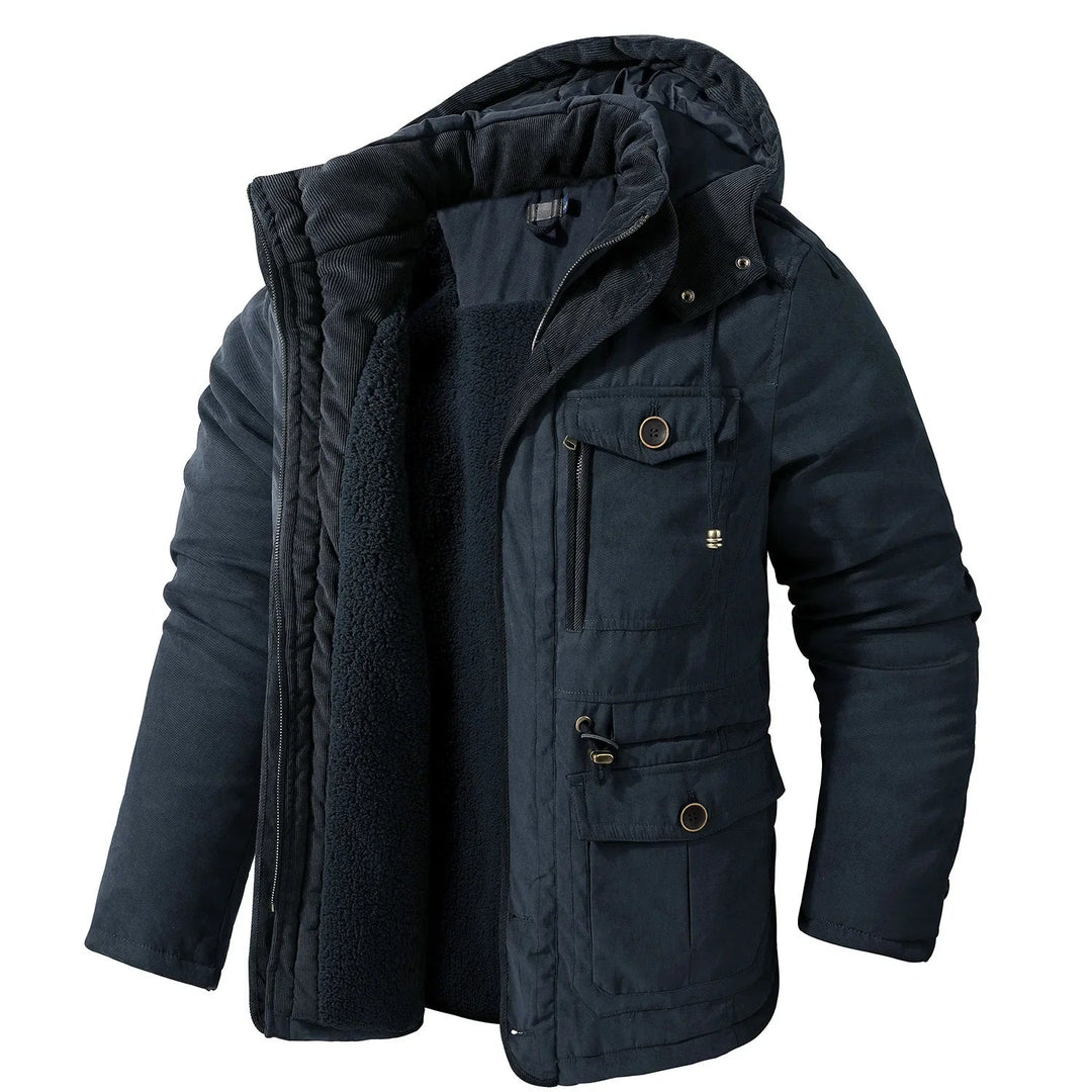 Men's Thickened Hooded Fleece-Lined Cotton Parka – Mid-Length Winter Coat with Multiple Pockets Blue