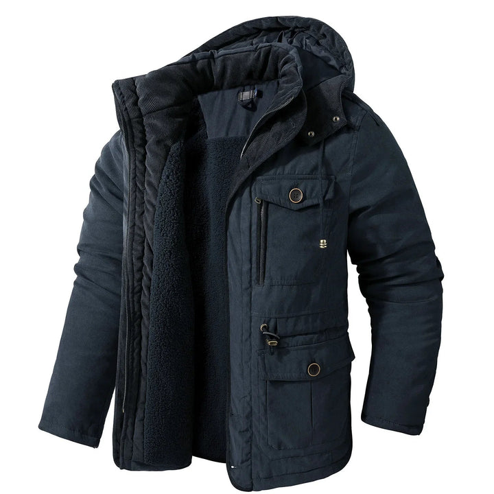 Men's Thickened Hooded Fleece-Lined Cotton Parka – Mid-Length Winter Coat with Multiple Pockets Blue