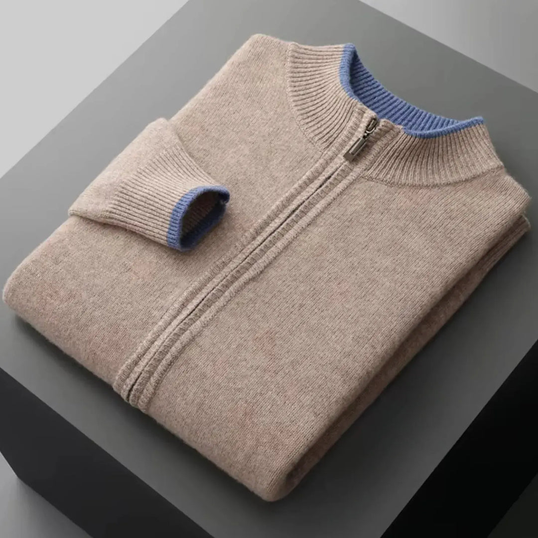 Men's Two-Tone Merino Wool Full-Zip Sweater Beige