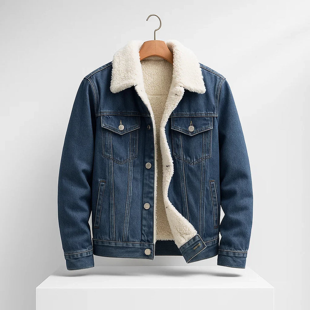 Men’s Warm Padded Denim Jacket – Button Velaro Style Dark Blue