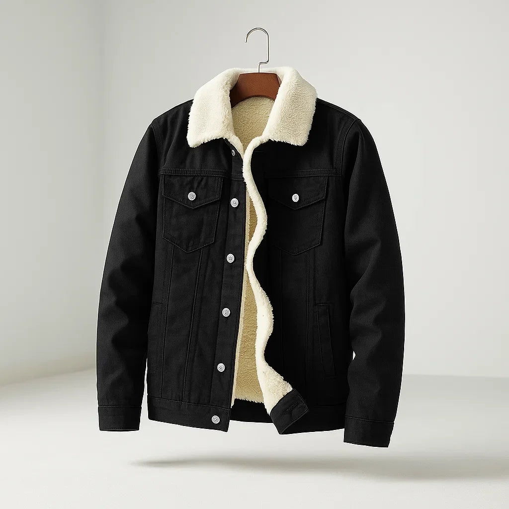 Men’s Warm Padded Denim Jacket – Button Velaro Style Black