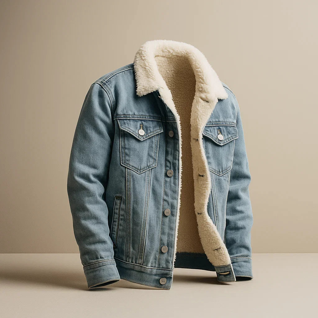 Men’s Warm Padded Denim Jacket – Button Velaro Style Light Blue