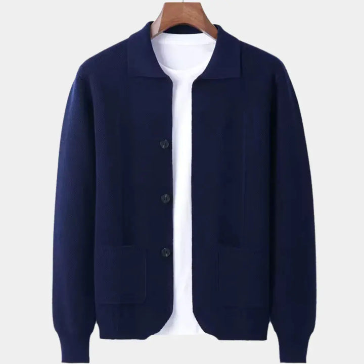 Men's Wool Button-Up Overshirt Cardigan Navy Blue