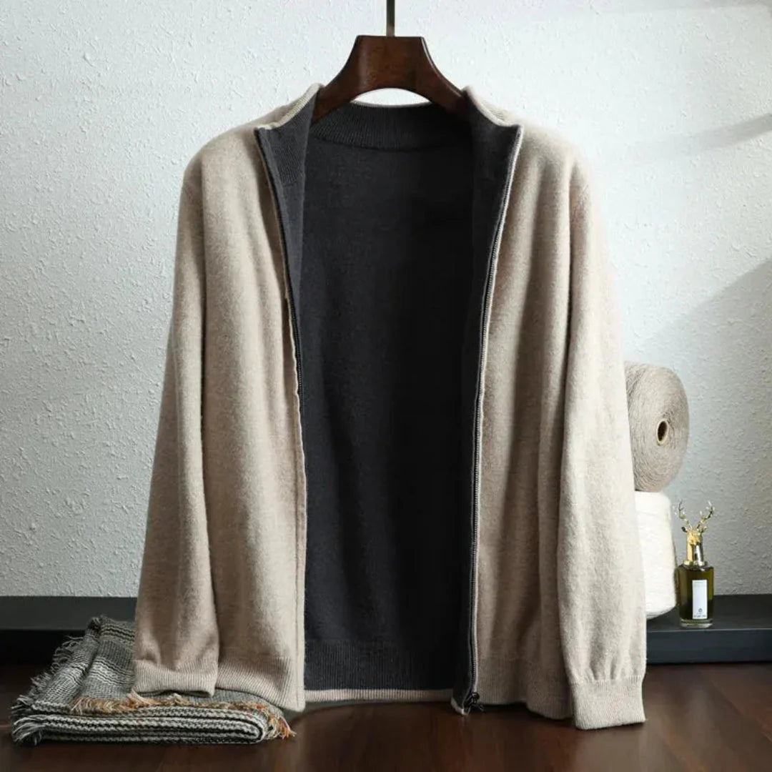 Men's Wool Zip-Up Cardigan Camel-Black