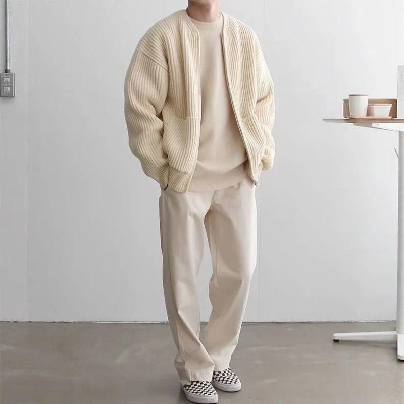 Men's Zip Knit Cardigan Sweater with Lining Apricot