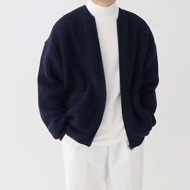 Men's Zip Knit Cardigan Sweater with Lining Dark Blue