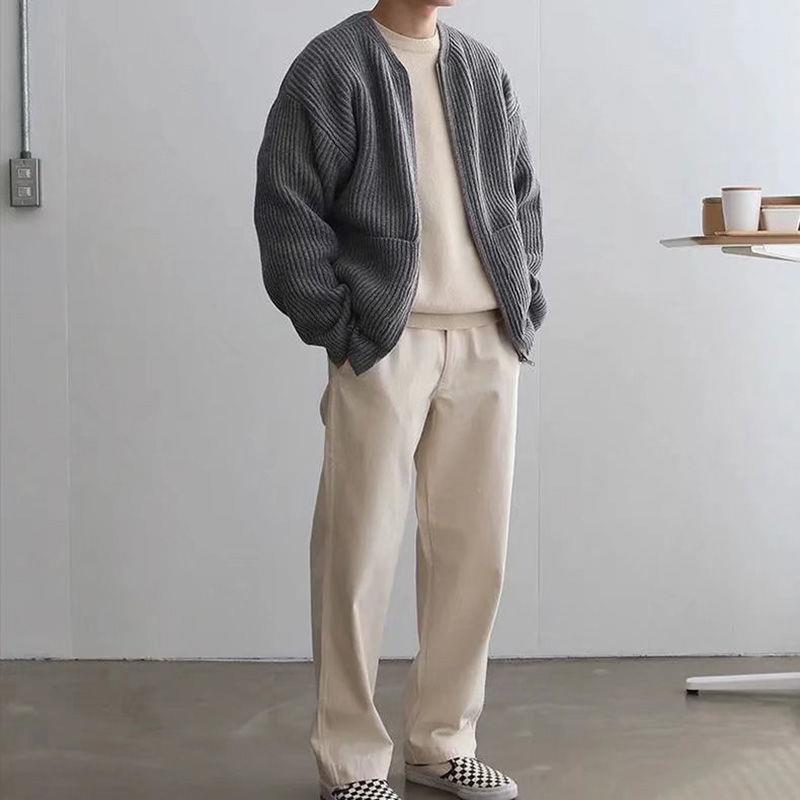 Men's Zip Knit Cardigan Sweater with Lining Gray