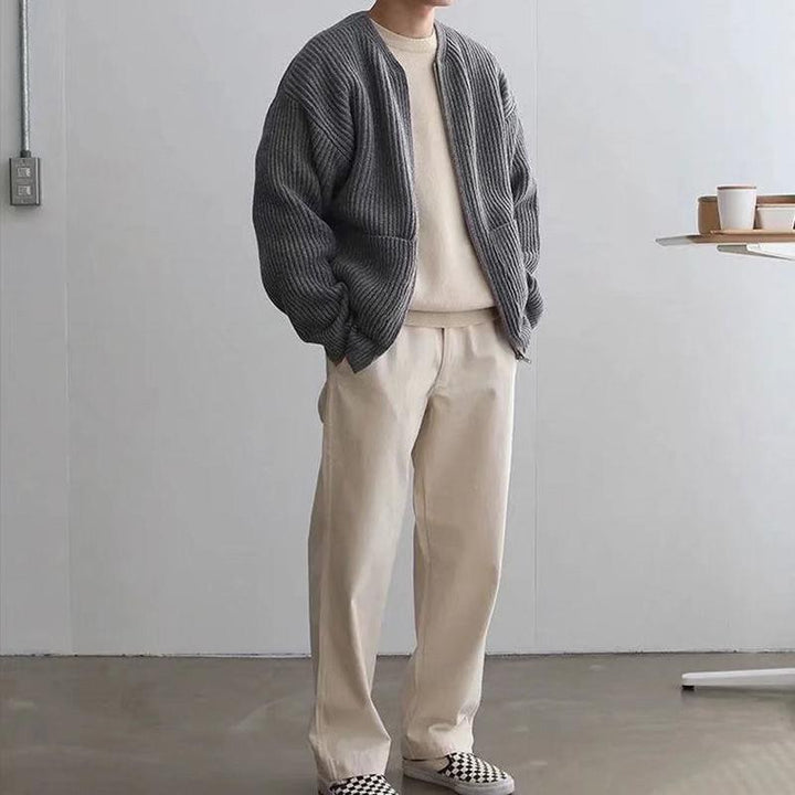 Men's Zip Knit Cardigan Sweater with Lining Gray