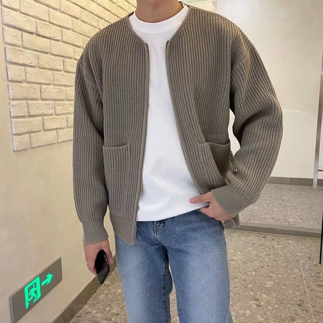 Men's Zip Knit Cardigan Sweater with Lining Khaki